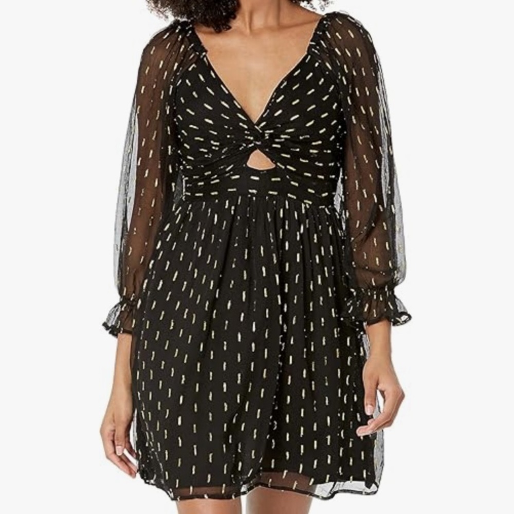 Angie Women's Twist Front Keyhole Long Sleeve Swiss dot black Dress size small